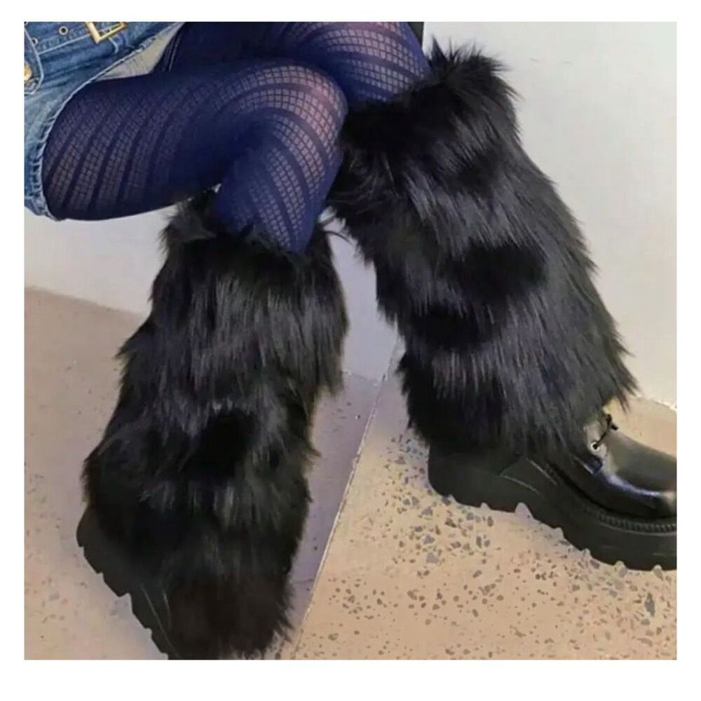 Black Faux Fur Knee-High Leg Warmers – One Size